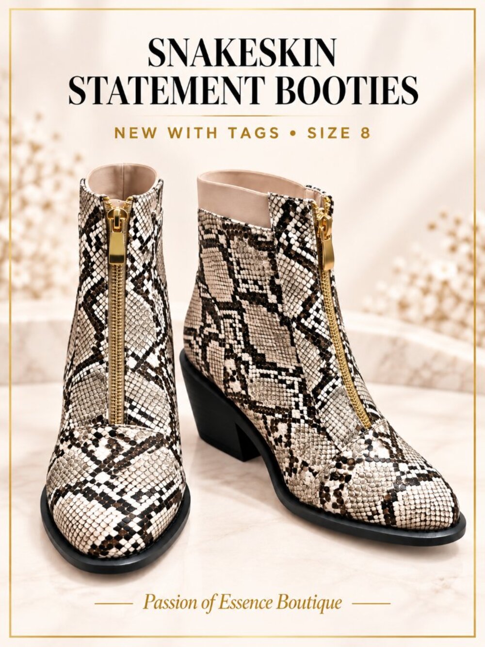 So Me Mackie Snakeskin Front Zip Block Heel Booties Size 8